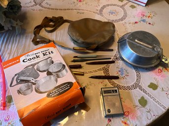 Cool Lot Of Vintage Items - 1960 Westinghouse Transistor Radio Works - Pens - 1960 Boy Scout Camping Cook Kit