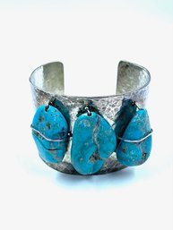 Vintage Hammered Silver & Turquoise Chunk Southwest Style Cuff Bracelet