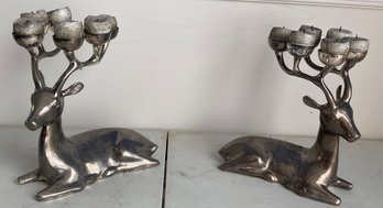 Pair Of Heavy Laying Deer Candle Holders