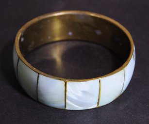 Mother Of Pearl Inlay Brass Wide Bangle Bracelet