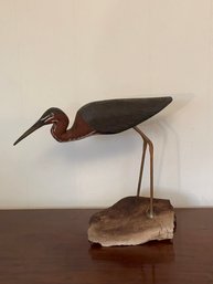 Wooden Heron Shorebird Sculpture Carving With Copper Legs