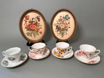 Two Oval Flower Paintings Snd Four Pretty Teacups And Saucers