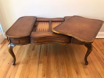 Theodore Alexander Coffee And Game Table - Serpentine Shape W/ Tooled Leather Inlay / Cabriole Legs