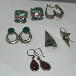 Nice Lot Of 5 Sterling Earring Sets - Malachite And More