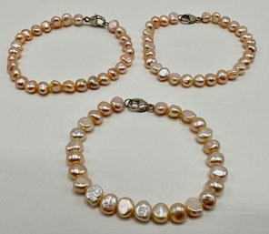 3 New Fresh Water Pearl Bracelets By Honora, 8 Inches, With Sterling Clasps