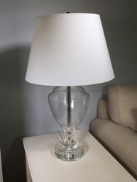 Client Paid $445 Each (2 Of 2) Fabulous Clear Glass Urn Lamp With Lucite Base With Crisp White Lampshade