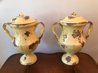 Pair Of Yellow Distressed Ceramic Urns