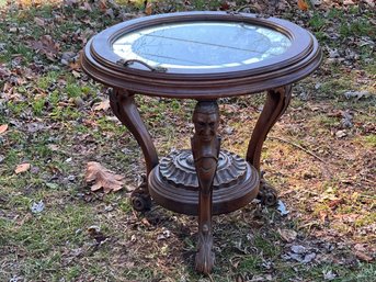 Antique Side Table With Handled Lift-Off Glass Top