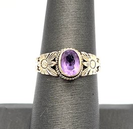 Vintage Sterling Silver Amethyst Color Stone Ornate Ring, Size 6.75