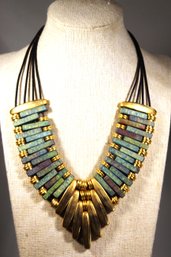 Great 1980s Leather And Beaded Necklace Having Gold Tone Accents