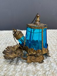 Blue Glass & Brass Inkwell