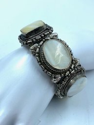 Native American Style Vintage Silvertone Cuff Bracelet W/ Mother Of Pearl Inlay