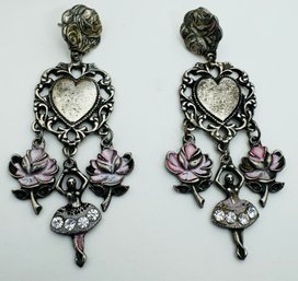 SILVER TONE HEART FLOWERS AND BALLERINA DANGLE EARRINGS