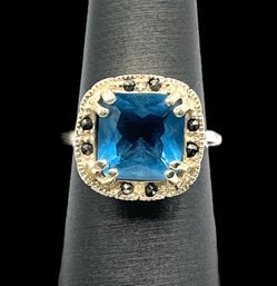 Vintage Sterling Silver Light Blue Topaz And Marcasite Accents Ring, Size 6.5