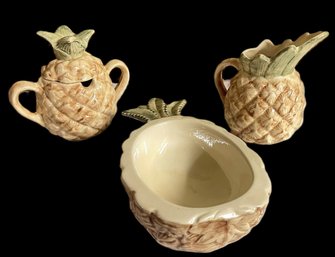 Three Hand Made Ceramic Pineapples-Bowl, Creamer & Sugar-Marked AR
