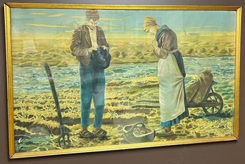 Vintage Large Framed Print On Canvas - Angelus - Farmers Praying In Field At Noon - 24 X 39.25 Inches