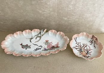 A L Anchor Limoges France 1891-1914 Mark Scalloped Edge Hand Painted Sea Life Fish Platter And Bowl