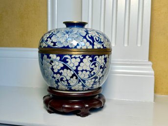 Blue & White Decorative Bowl With Brass Detail On Wooden Stand
