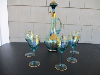 Turquoise Glass Decanter With 5 Glasses -  Romanian