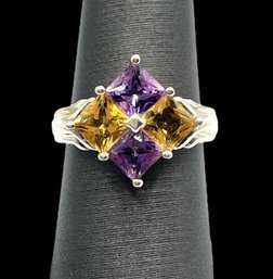 Beautiful Sterling Silver Amethyst And Citrine Stones Ring, Size 5.75