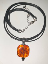 Amber Sterling Pendant On Cord Necklace