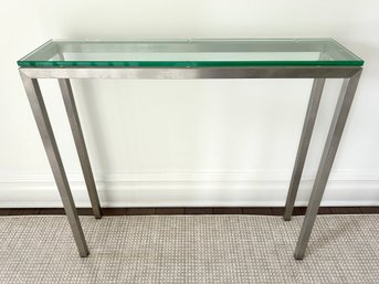 Brushed Steel And Glass Narrow Console Table