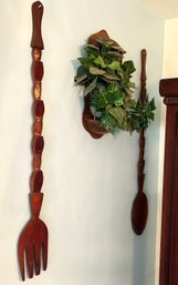 A Large Vintage Carved Wood Spoon And Fork Kitchen Decor - C. 1970's