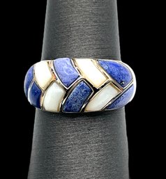 Vintage Sterling Silver Designer S&G Lapis Mother Of Pearl Inlay Ring, Size 7