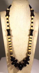 Vintage 1980s Carved Bone And Ebony Wood Beaded Necklace 22' Long