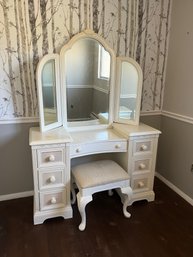 Vanity With Attached Mirror & Stool