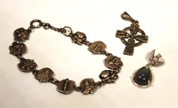 LOT STERLING SILVER JEWELRY VINTAGE RELIGIOUS ROSE BRACELET, CROSS AND DOVE PENDANT