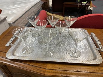 Set Of 8 Martini Glasses With Decorative Aluminum Tray With Handles