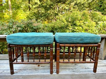 Pair Of Vintage Faux Bamboo Benches With Rush Seats -made In Spain For B. Altman