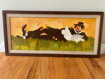 Clown Reading WSJ Mid Century Oil Painting Machado