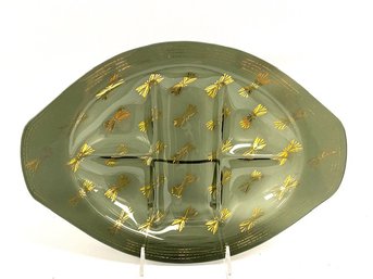 Vintage 5 Part Divided Relish Serving Dish - Smoked Glass & 22KT Gold Dragonfly Motif