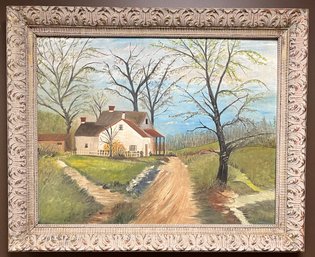 Vintage Framed Oil On Board Painting - House In The Country - Artist Signed - 1962 - 27 X 33 Inches