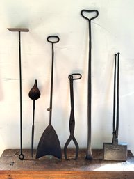 Six Primitive Hand Forged Iron Hardware Including Fab Waffle Iron