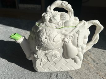 Large Ceramic Teapot- A Figural Basket With Fruit- Lime Green Interior