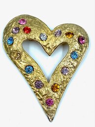 Vintage 70s Large Goldtone Abstract Heart Brooch W/ Rhinestone Accents