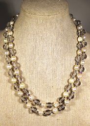 Very Fine Genuine Pearl And Crystal Beaded Necklace 32' Long