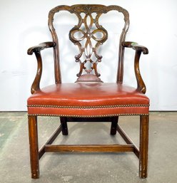 A Vintage Chippendale Arm Chair In Leather With Nailhead Trim By Nadler Furniture