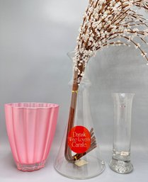 New Krosno Poland Vase, Dansk Carafe With Faux Flowers, Pink Ribbed Vase