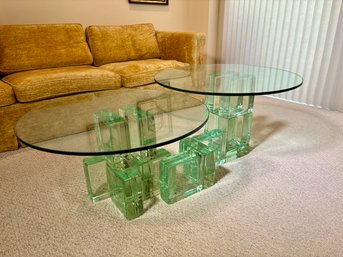 Mid-Century Modern Thick Heavy Solid Glass Blocks Coffee Table