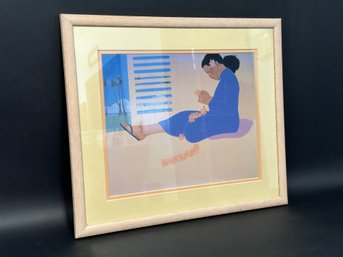 A Framed Print Of A Seated Woman Crafting A Lei