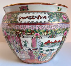 Large Vintage Chinese Glazed Ceramic Planter With Gold Trim