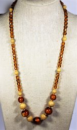 Vintage Amber Colored Glass And Opaque Glass Beads Beaded Necklace 20' Long
