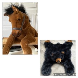 Large Stuffed Horse & Fancy Zoo Plush Brown Faux Bear Rug