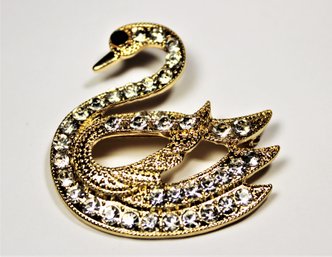 Gold Tone Rhinestone Swan Figural Brooch Pin