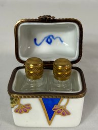 Rare Antique P Cadour Peint Main Hand Painted Limoges France Perfume Bottles In Porcelain Trinket Box