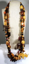 Large 1980s Carved Wood Hand Painted African Beaded Necklace 30' Long